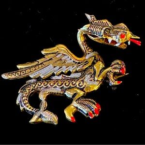 Ornate Vintage Damascene 3D Dragon Brooch Marked SPAIN